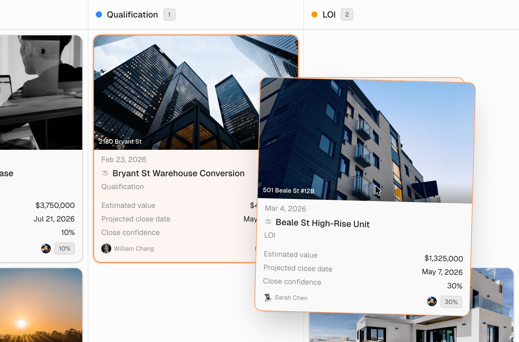 Pipeline kanban with deal cards showing property thumbnails