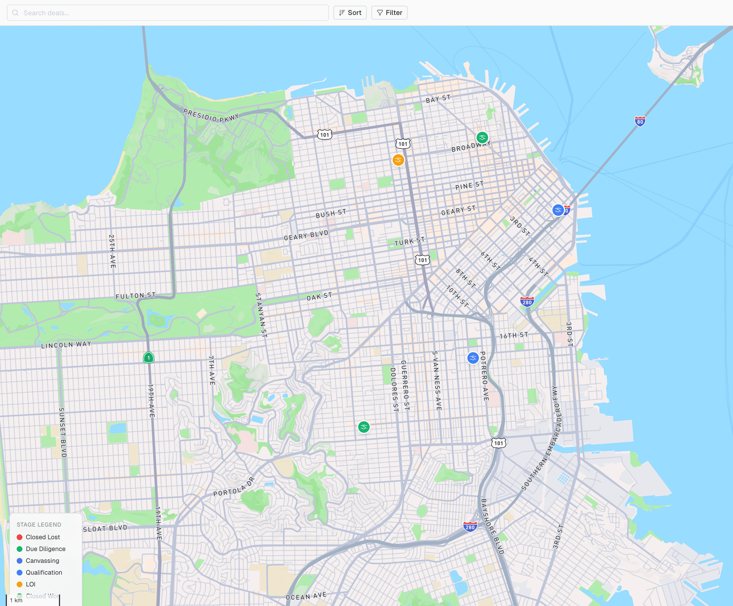 Deals map of San Francisco with color-coded pins by pipeline stage, search and filter toolbar, and stage legend