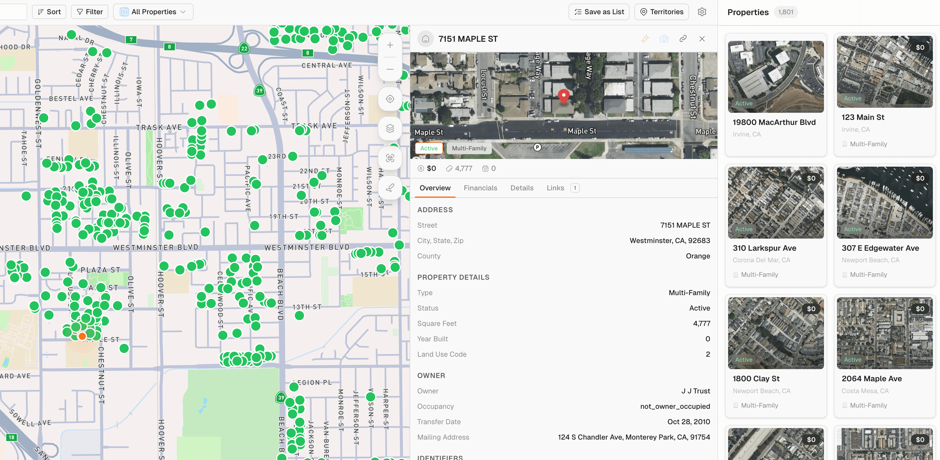 Property record showing enriched data fields, parcel details, and financial metrics