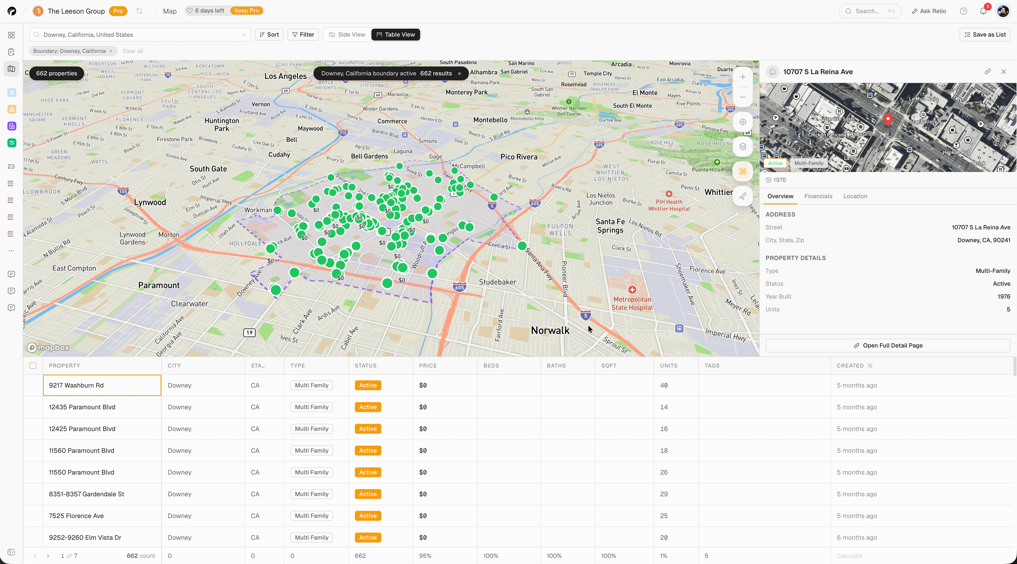 Relio map view showing a territory with clustered properties and a property detail panel.