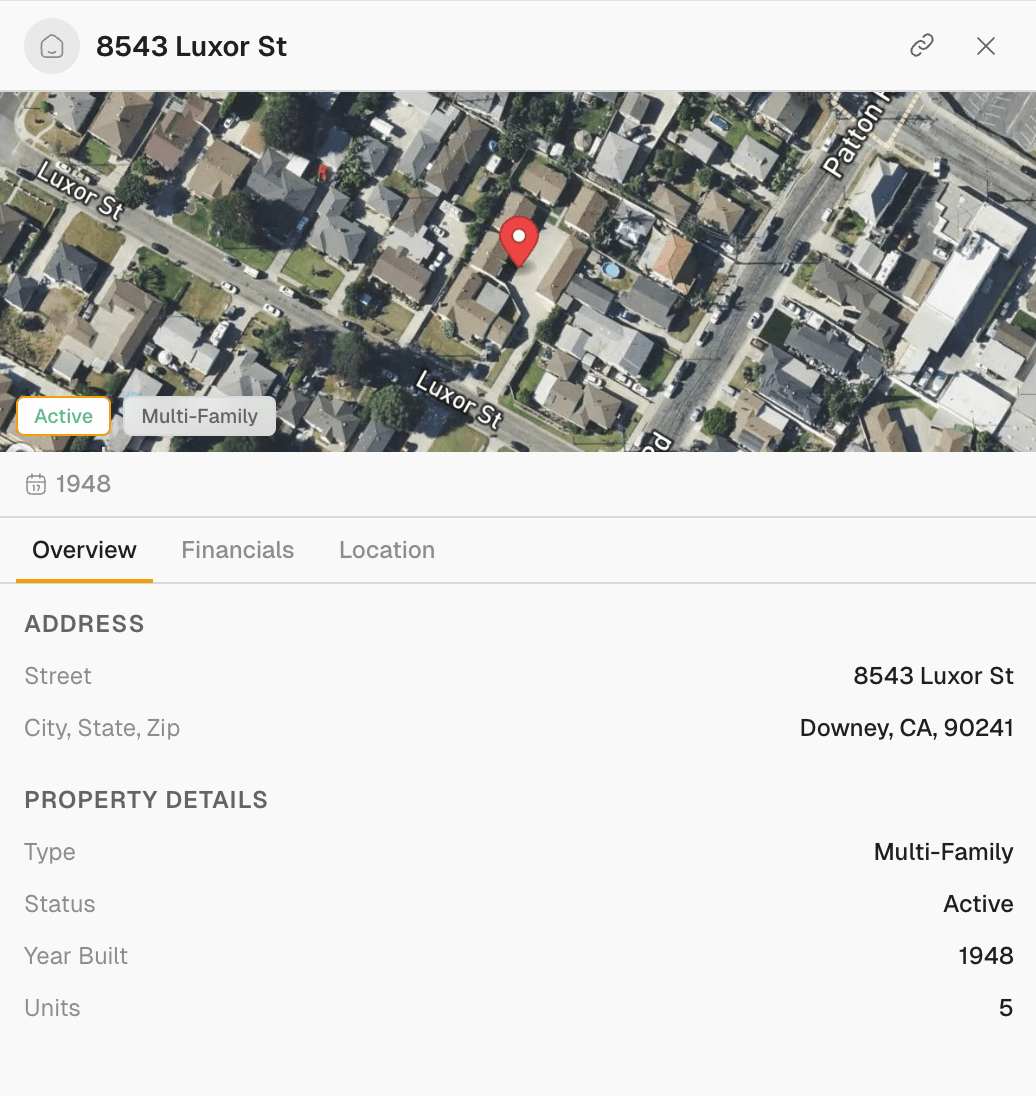 Relio map view with a pinned property and parcel context.