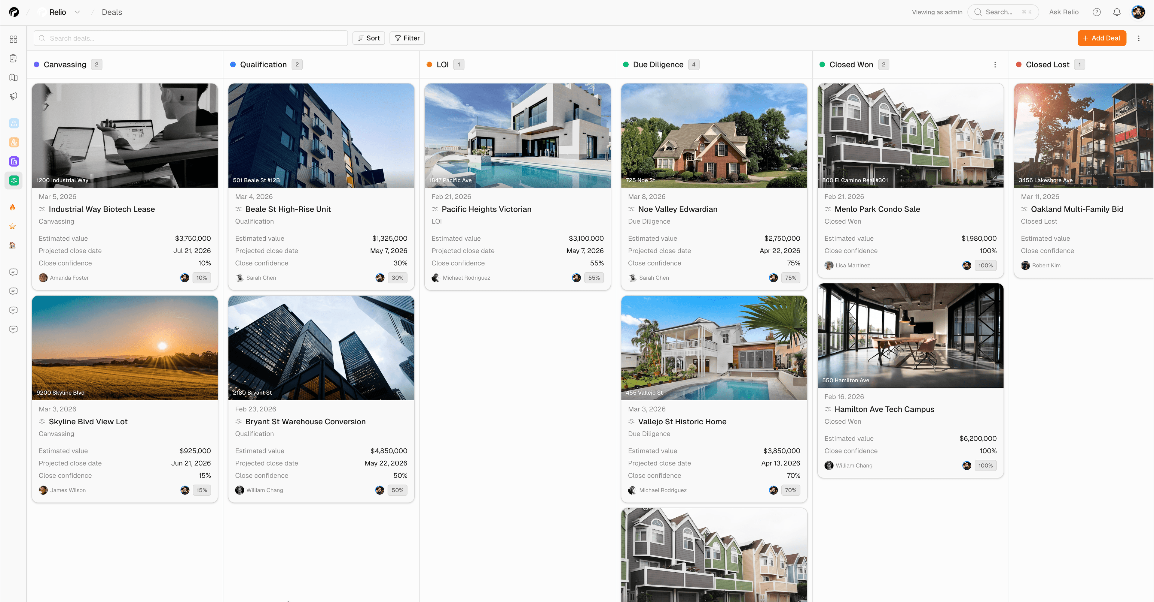 Pipeline kanban view with deal cards showing property thumbnails and contact avatars