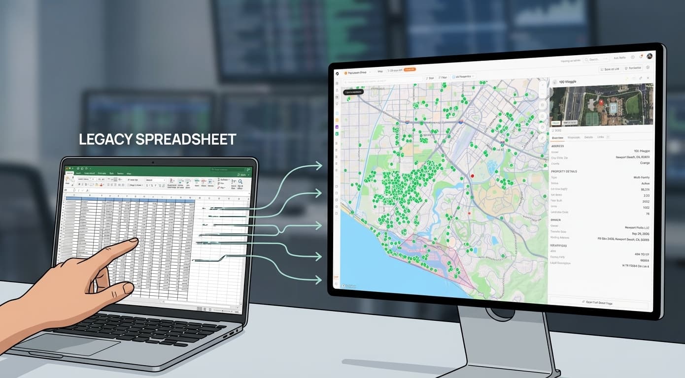 Illustration of moving from a legacy spreadsheet to a map-based CRE workspace