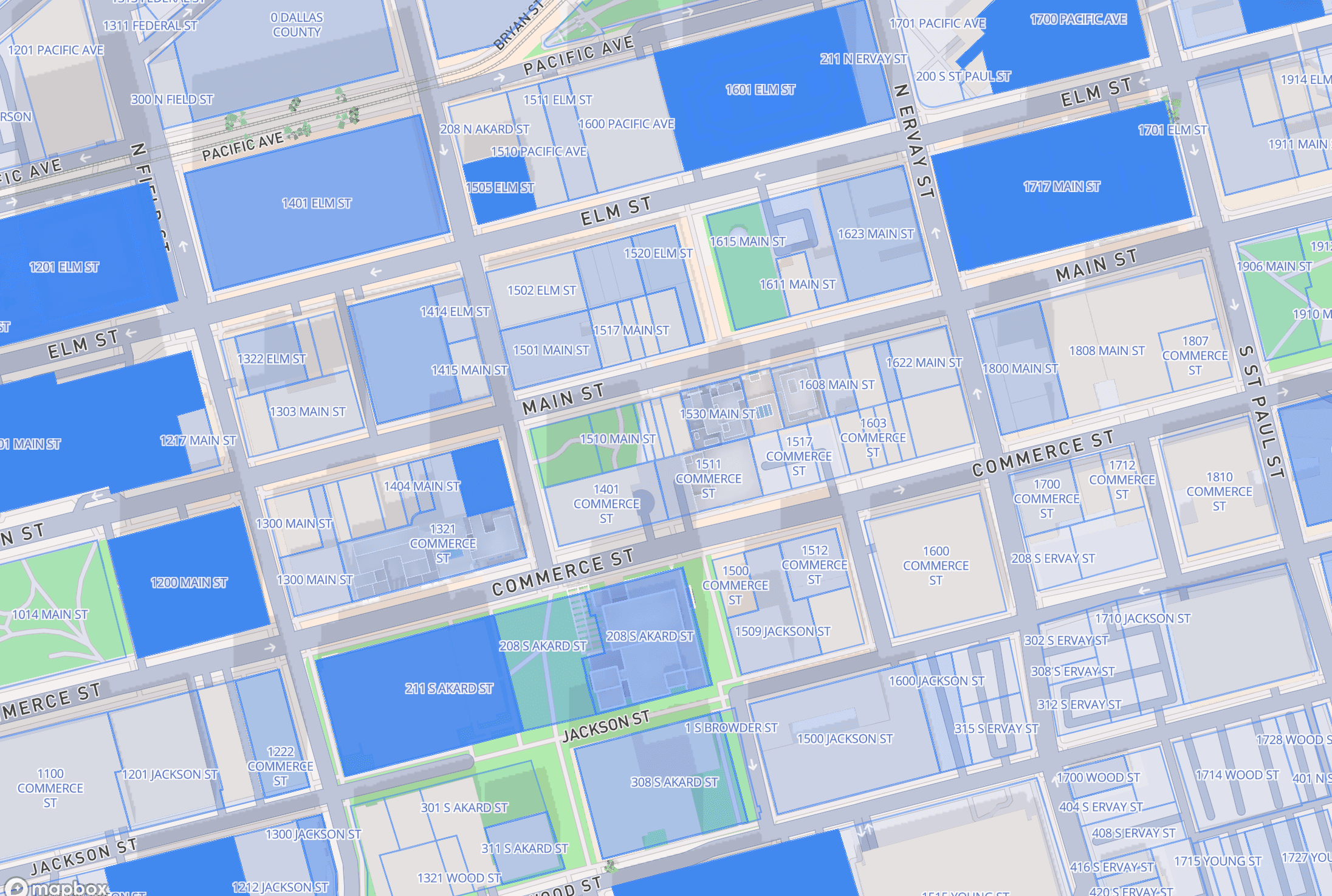Downtown Dallas map with Regrid parcel boundaries and address labels on each lot