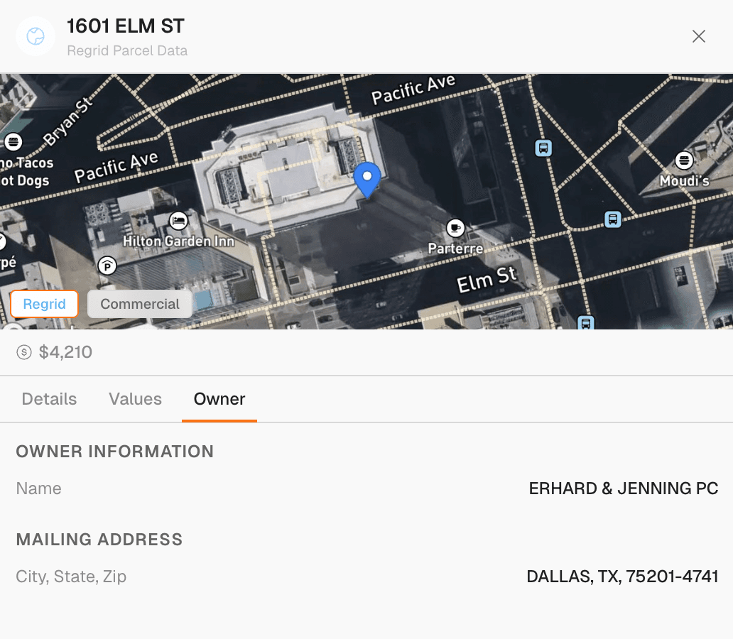 Property panel for 1601 Elm St with Regrid parcel data, satellite map, and Owner tab showing mailing address